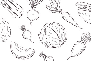 Black and white line of various vegetables in outline style