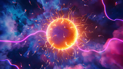 Detailed 3D illustration of human fertilization showing sperm meeting egg in a scientific view. pure