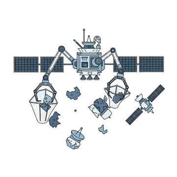 Space debris cleanup satellite collecting junk in orbit