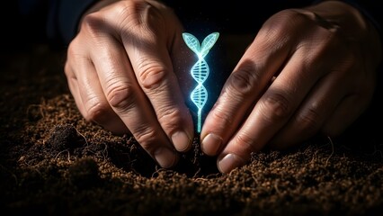 Weathered Hands Planting Bioluminescent DNA Seedling in Spring Soil