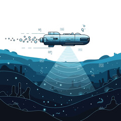 Submarine exploring deep ocean floor with sonar scanning technology
