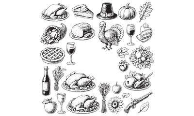 Thanksgiving Dinner Icons Set Turkey Pumpkin Pie Harvest Feast Vector Illustration