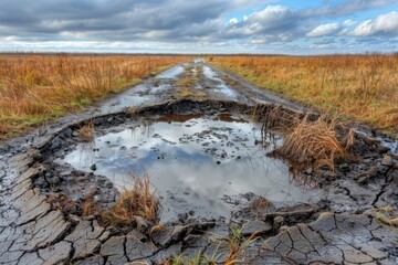 A cracked road surrounded by dry grass and water puddles reflects the sky, highlighting an environment impacted by weather and erosion.
