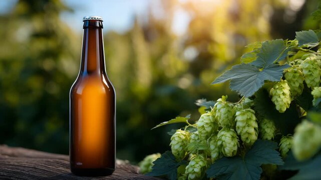 Close-up composition of beer bottle among fresh hop vines, amber liquid glowing in golden sunlight, hop cones rich green and plump, capturing natural brewing process and eco-consci