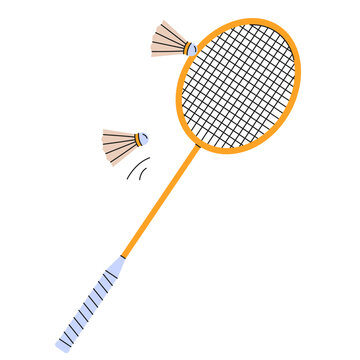 Hand-drawn badminton racket with with shuttlecocks.Ideal for sports graphics,creative project and designs.Colorful playing badminton racket icon.Vector illustration isolated on white background.EPS 10