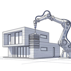 Robotic arm 3d printing a modern modular house blueprint sketch