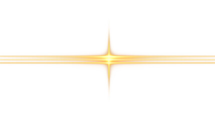 Golden horizontal light flare with radiant cross glow isolated on transparent background