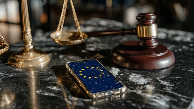 Close-up judicial-themed composition featuring a smartphone lit with the EU flag, a gavel casting a long shadow, and disconnected scale elements on black marble, representing the l