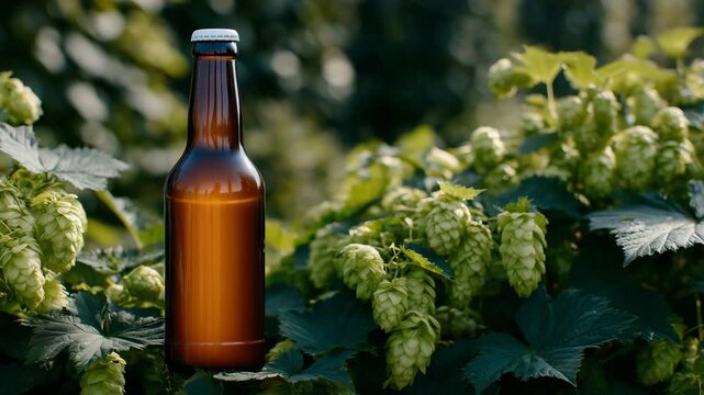 Close-up of a golden-amber beer bottle nestled among lush hop vines, sunlight casting soft highlights on glossy bottle surface and green hop cones, capturing harvest season ambianc