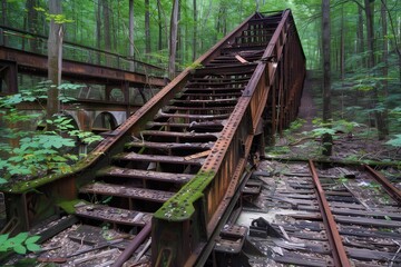 An abandoned rusty staircase leads through lush green forest, surrounded by overgrown foliage and remnants of old railway tracks, evoking a sense of forgotten history.