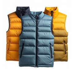 Three quilted puffer vests in mustard, teal, and ochre