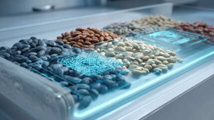 Futuristic seed display in high-tech transparent case for advanced agriculture