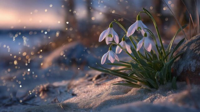 Close-up of fragile snowdrop flowers rising from snow, warm sunlight emphasizing texture of petals and leaves, evoking the promise of new beginnings