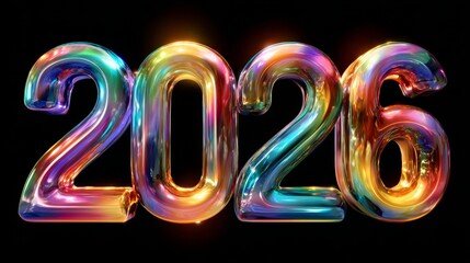 Glossy Multicolored 3D Numbers 2026 on Black Background with Reflective Gradient Effect