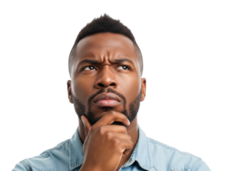 Thoughtful man with hand on chin isolated on transparent background