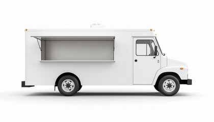 Isolated 3d rendering of a blank white food truck with an open serving window on a bright studio background.