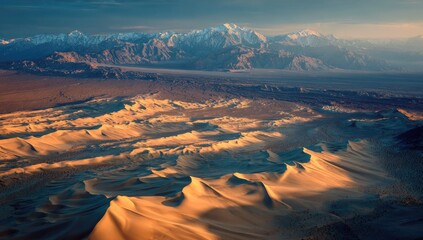 Aerial view of a desert with sand dunes, distant mountains, and a hazy sky, illuminated by golden sunlight