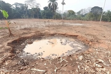 A dry landscape with a small puddle of water surrounded by dirt and vegetation, indicating a lack of moisture or recent rainfall.