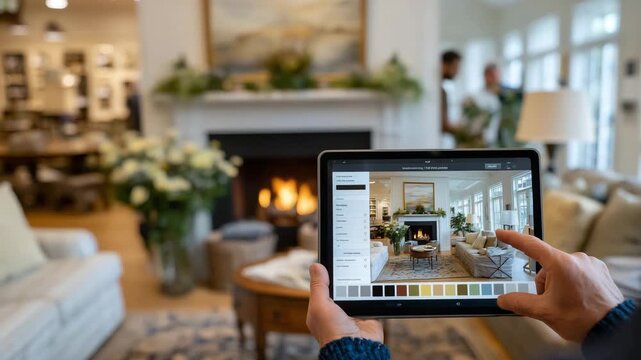 Close-up tablet screen showing interactive cozy living room design, person adjusting layout, fireplace and sofa central, realistic digital interior renovation visualization