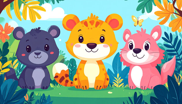 Cute Colorful Cartoon Jungle Animals Illustration for Kids