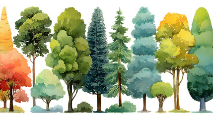 Colorful watercolor trees collection with various shapes and seasonal colors for landscape design, environmental illustrations, and nature-themed projects.