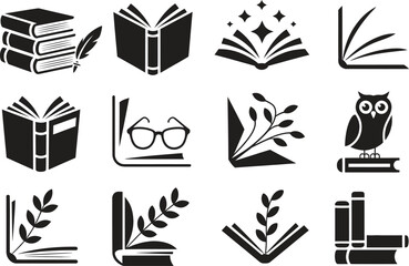 Book icon set, education learning and library symbols, flat black vector illustration isolated on white background