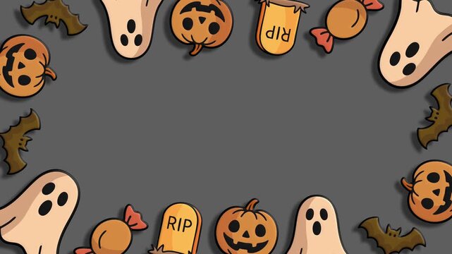 Spooky ghost and pumpkin border on dark grey background template