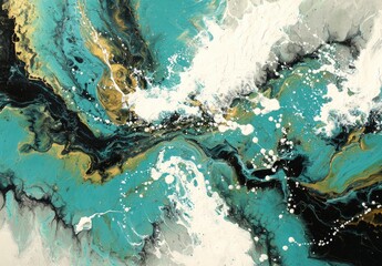 An abstract, fluid art piece dominated by turquoise, black, gold, and white hues blending and swirling. The composition evokes ocean waves