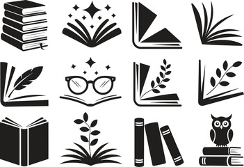 Education icon set, books reading study and knowledge symbols, flat black vector illustration isolated on white background