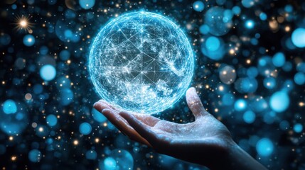 A hand holds a glowing, interconnected digital globe
