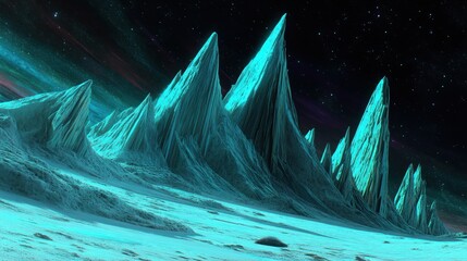 Alien landscape, teal peaks under starry night
