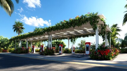 Tropical EV charging station under lush canopy