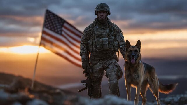Dramatic portrait of a soldier and his K9 companion standing before a large American flag at sunset, their shadows stretching across the ground, emphasizing military service and de