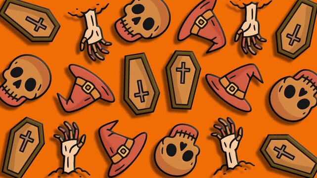Orange halloween pattern with coffins skulls and witch hat icons