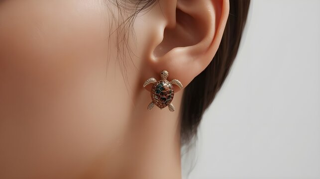 Tiny turtle shaped stud earring worn on ear, cute nature inspired animal jewelry with delicate detailed shell design.
