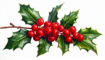 Obraz premium Holly branch with red berries isolated.