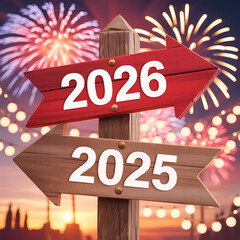 New year's eve signpost pointing to 2026 with fireworks