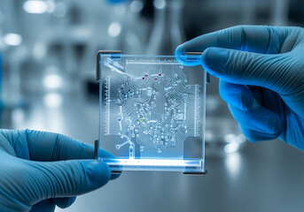 Scientist holding transparent circuit board with glowing lines