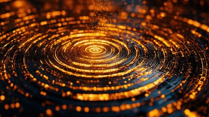 Abstract, concentric circles of glowing, orange-gold light on dark background