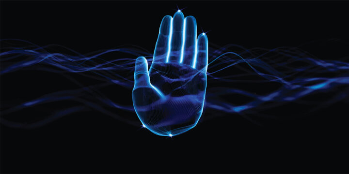 An abstract blue design featuring a glowing x-ray of a human brain with electric light energy waves, motion loops, and plasma smoke trails in a science-themed space of power and art