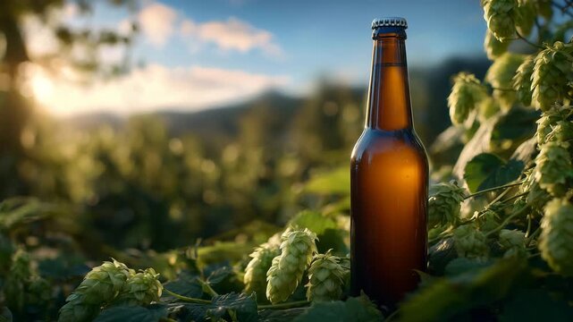 Dynamic low-angle shot of an amber beer bottle surrounded by sunlit hop plants, warm light accentuating textured cones and bottle details, conveying farm-to-glass concept
