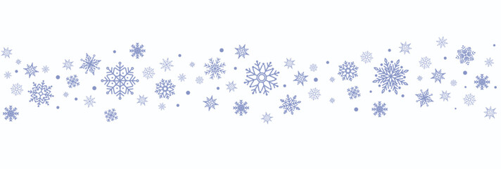 Winter border with light blue snowflakes on white background. Minimal festive garland for Christmas and New Year decoration. Frosty elegant design for banner. 