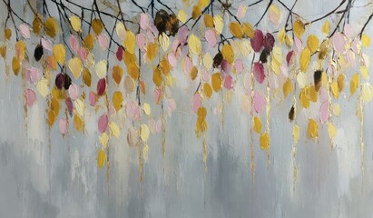 An abstract painting of stylized leaves in gold, pink, and burgundy, cascading down from branches against a muted gray backdrop