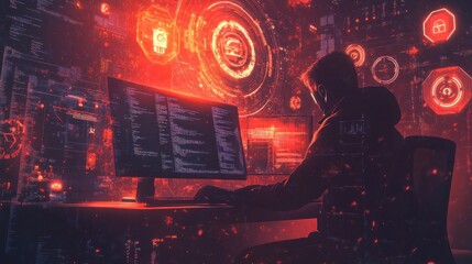 Hacker in dark room with glowing digital interface