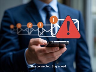 Businessman receiving urgent notifications on smartphone with warning symbol alerts email