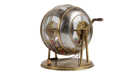 Vintage Brass and Silver Lottery Machine with Colorful Balls on White Background