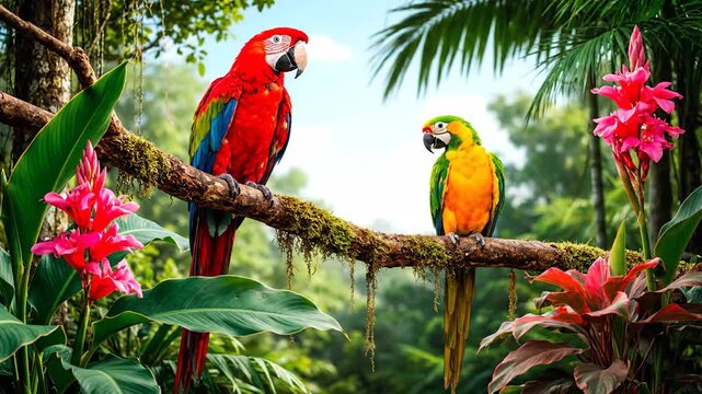 Colorful parrots perched on a branch in tropical jungle setting