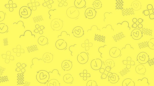 Repeating patterns with hearts, circles, clouds, check marks, and squiggles. Great for fabric prints, wrapping paper, and digital backgrounds