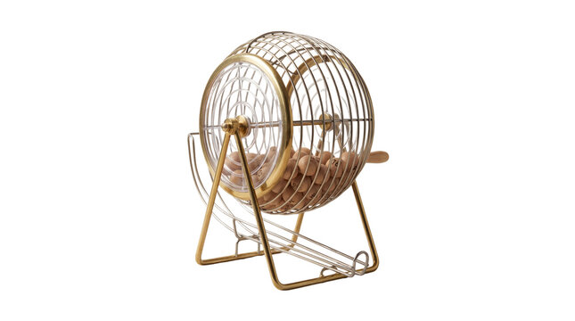 Isolated Golden Brass Lottery Ball Cage Raffle Drum with Wooden Balls
