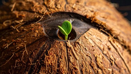 Green sprout growing from coconut shell.